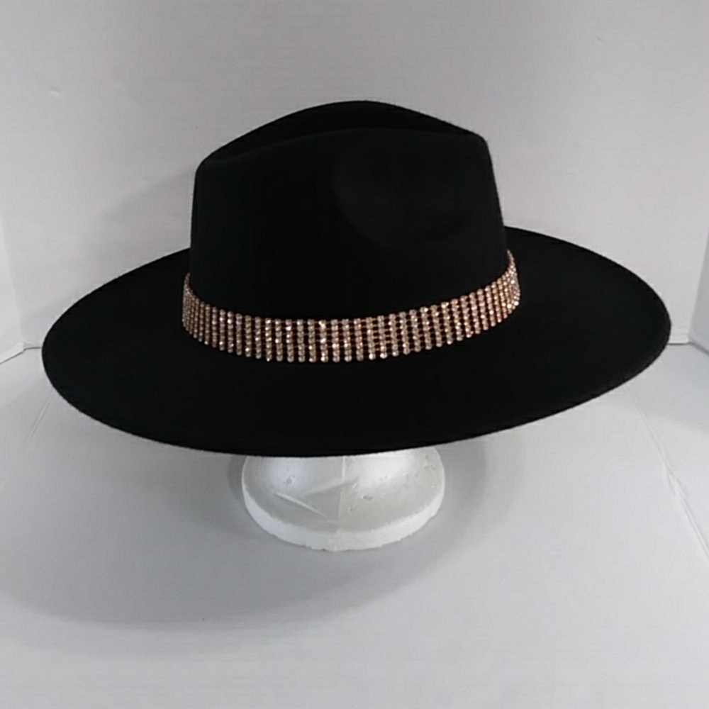 Black Fedora Hat With Gold Rhinestone Trim *EUC* - Picture 4 of 11